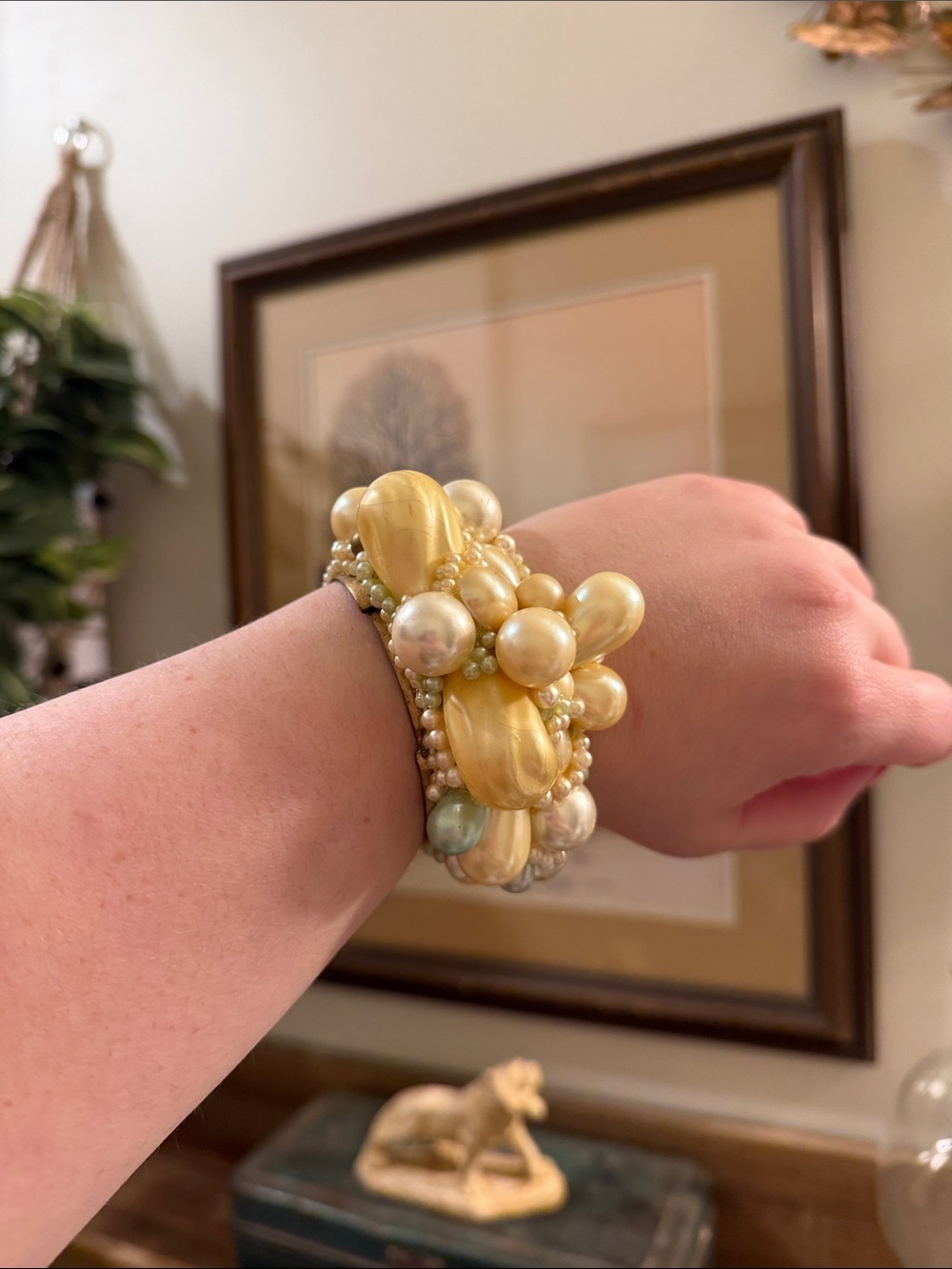 🪎 Signed Wendy Gell Faux Pearl Statement Cuff Bracelet Mixed Media Artisan Jewel